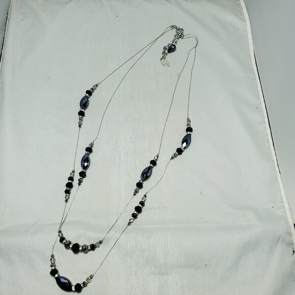 Ali Khan 2 row illusion rope necklace with faceted black glass beads and crystal - Picture 3 of 8